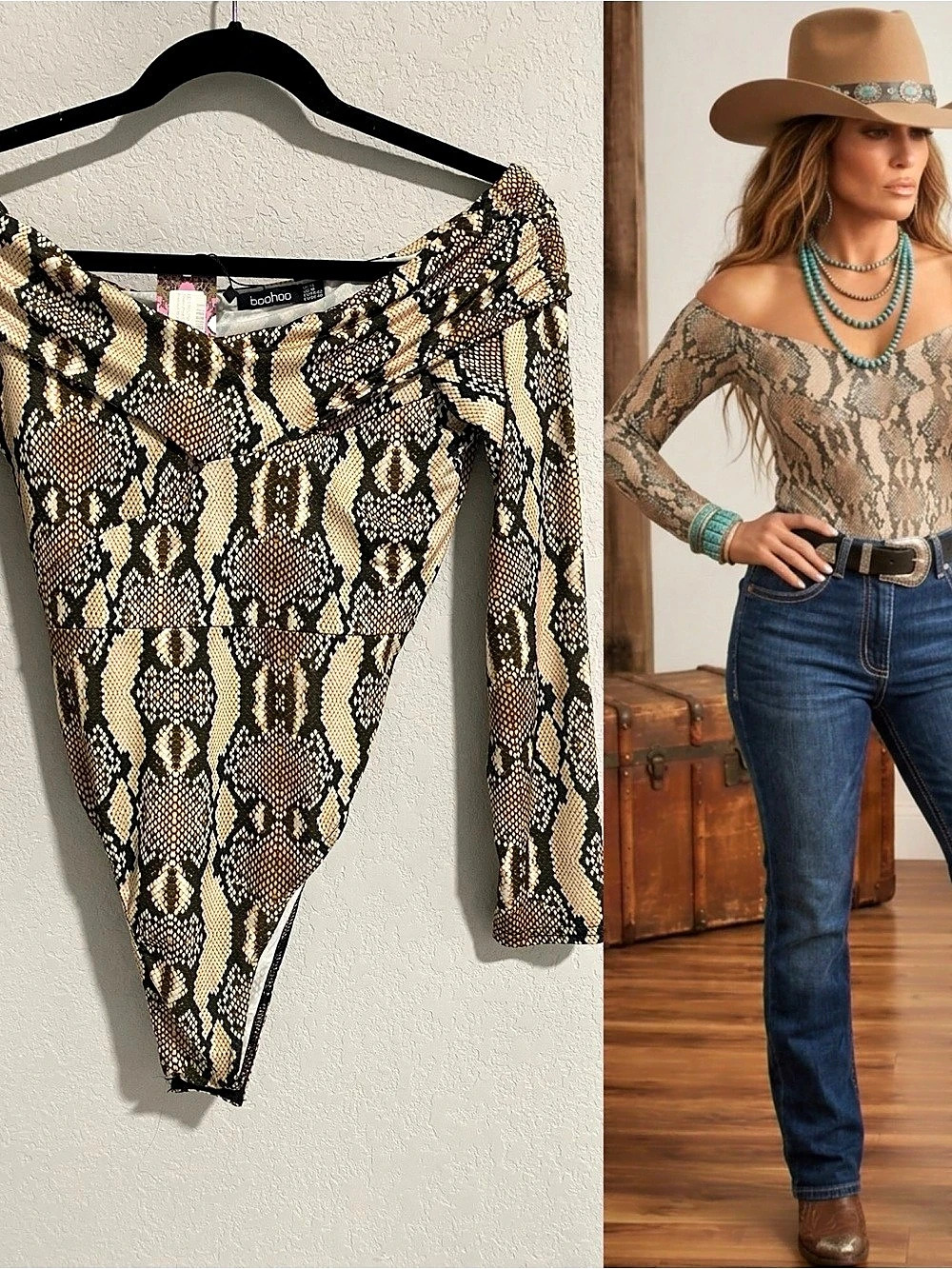 Boohoo Women's Animal Print Long Sleeve Bodysuit